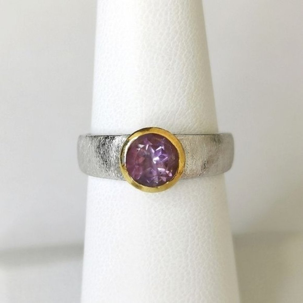 Amethyst Gemstone Ring With 14k Gold Accent Brushed Sterling Silver Size 675 55$